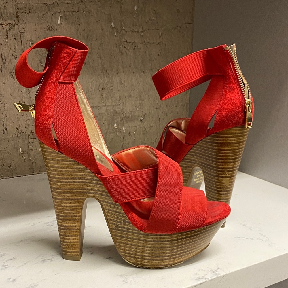 Bakers Red Platform Sandals with Wood Heel